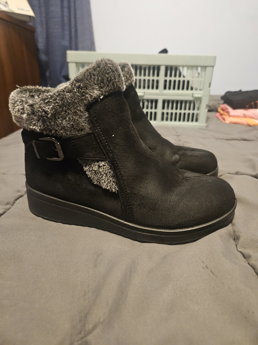 Cozy Faux Fur Black Ankle Booties with Buckle Detail